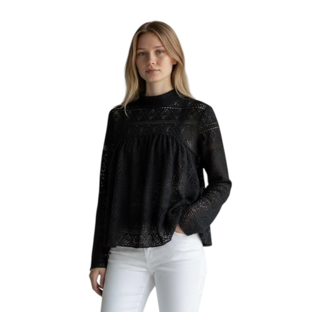 Free People Beach Lace About Time Black Babydoll Boho Top